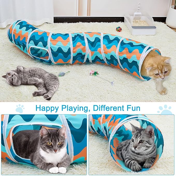 Glittme Cat Tunnel, S-Shape Peekaboo, Foldable Cat Cave with Toys, Tubes & Tunnels for Cats, Rabbits, Guinea Pigs, Dogs, Multiple Colors