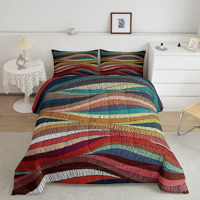 Boho Comforter Set Queen Bohemian Wavy Bedding Rainbow Embroidered Waves Bedding Comforter Sets Geometric Tribal Ethnic Bedroom Decor Colorful Abstract Lightweight Duvet Insert for Adult