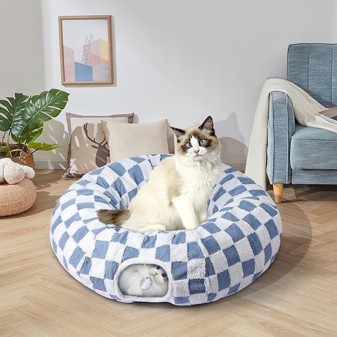 Cat Tunnel Bed Cat Cave for Cats Indoor, Maansfy Large Peekaboo Cat Cave Donut Tunnel Interactive Cat Toy Multifunctional Round Pet Play Tunnel Tube for Kitten Medium Large Cat - Blue