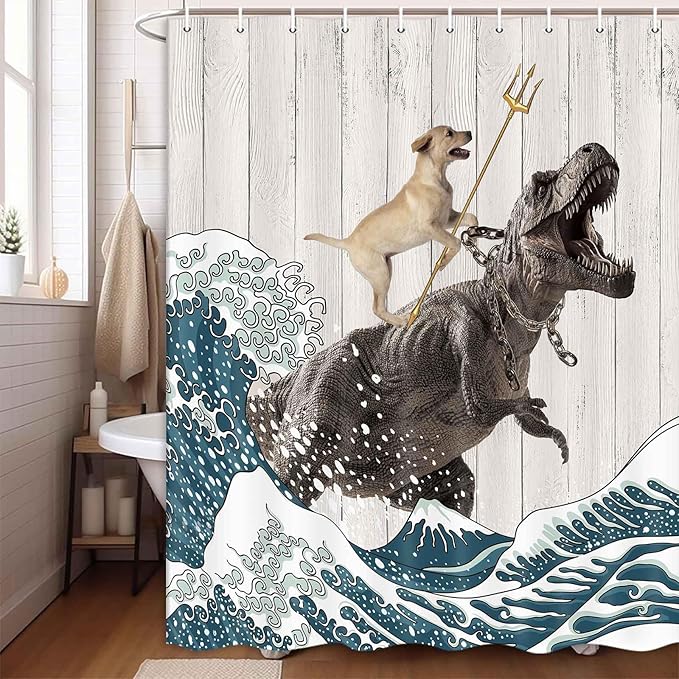 Boziqr Funny Dog Shower Curtain, Japanese Ocean Wave Dinosaur Rustic Barn Door Decor Fabric Bathroom Curtains Set, Cute Animal Kids Polyester Fabric Waterproof, 60 X 70 Inches