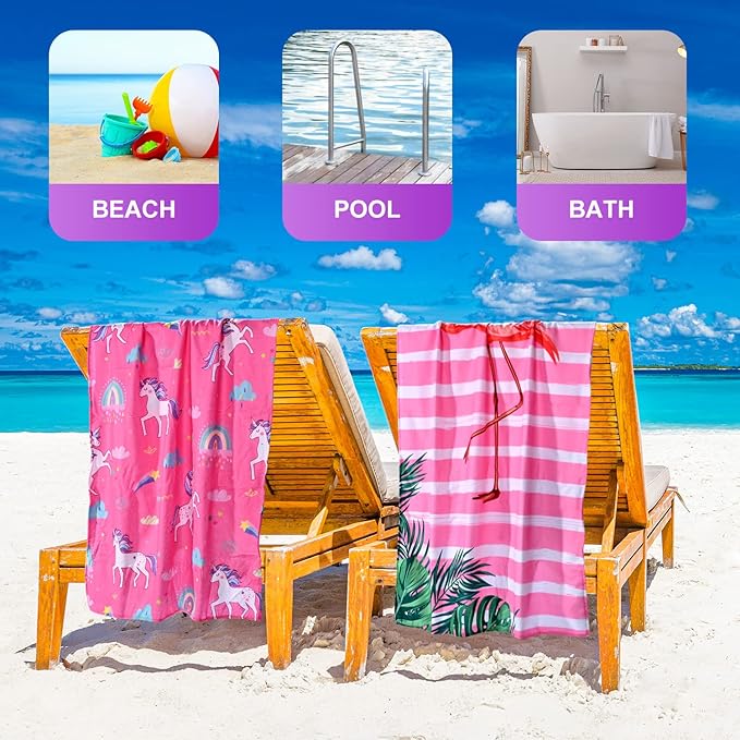 LIVILAN Small Pink Flamingo Beach Towel, 24”x48” for Girls & Kids, Soft Microfiber, Quick Dry, Sand Free, Lightweight for Bath, Swim, Pool, Yoga, Ideal Flamingo Gift for Women