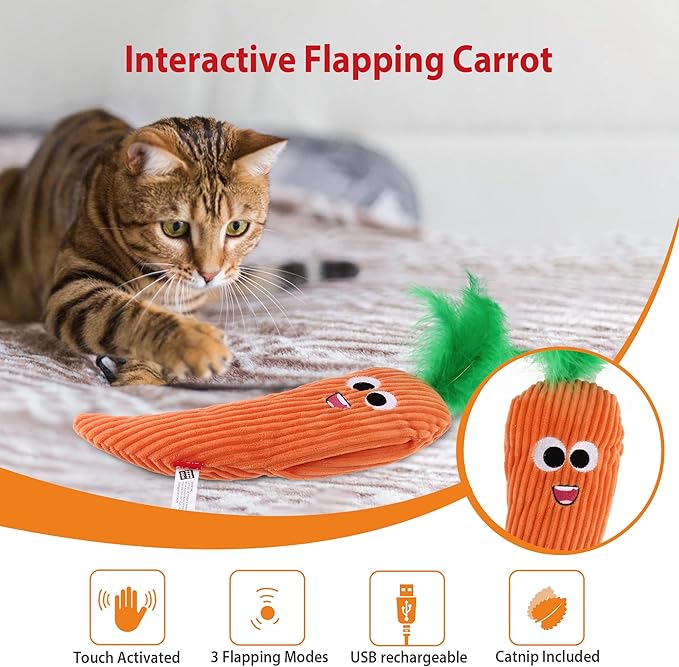 Gigwi Interactive Cat Toys, Rechargeable Flapping Carrot with SilverVine Catnip, Beating Tails Cat Toys for Indoor Cat, Touch Activated Best Gift For Birthday, Thanksgiving, Christmas, New Year