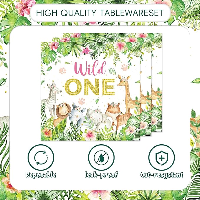 48Pcs Wild One Birthday Decorations Jungle Safari Theme Tableware Set Wild Animals Disposable Plates Napkins Forks Serves 16 Safari Baby Shower Decorations