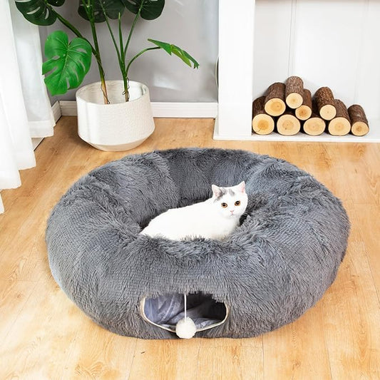LUCKITTY Warm Fluffy Plush Cat Dog Tunnel Bed with Washable Cushion-Big Tube Playground Toys 3 FT Diameter Longer Crinkle Collapsible 3 Way, for Indoor Cat Kitty Kitten Puppy Rabbit Ferret Dark Gray