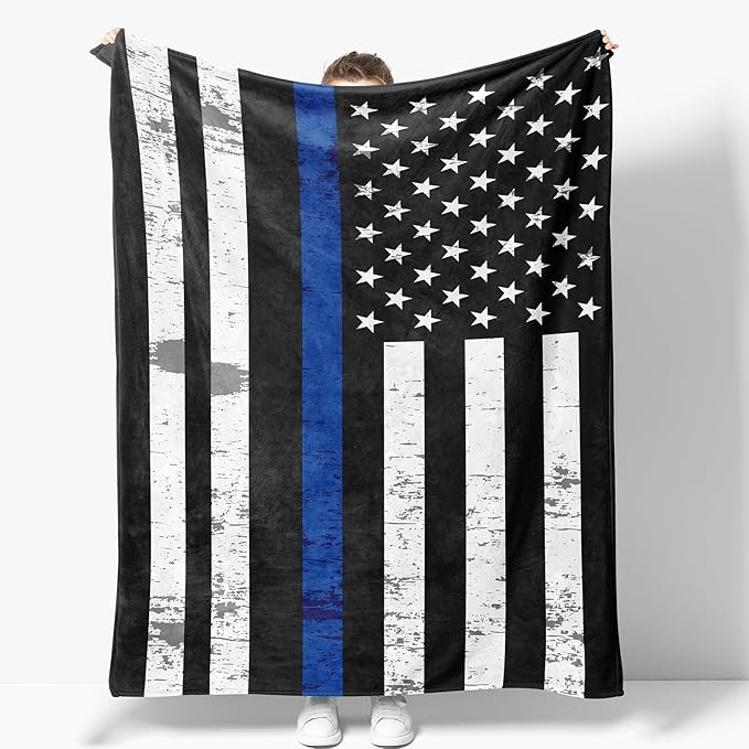 American Police Flag Blanket Gifts for Men Boy Dad Husband Son Birthday Christmas Valentine Present Us Police Flag Theme Decor Bedroom Living Room Couch Sofa Kid Adult Teen Soft Flannel Throws 60"x50"