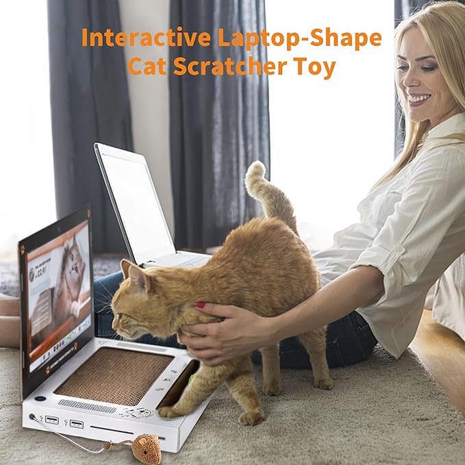 PETGEEK Cat Laptop Scratcher for Indoor Cats, 3-in-1 Interactive Cat Toys with Fluffy Mouse and Ball Track Pad, Kitten Toys & Cat Scratching Board