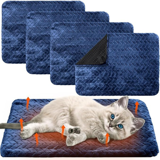 4 Pack Self Heating Cat Pad Self Warming Cat Mat Non Slip Warm Dog Bed Pad Mat Washable Pet Kennel Pad Crate Bed Mat Removable Cover Cat Blanket for Indoor Outdoor(Navy Blue,16 x 20 Inch)