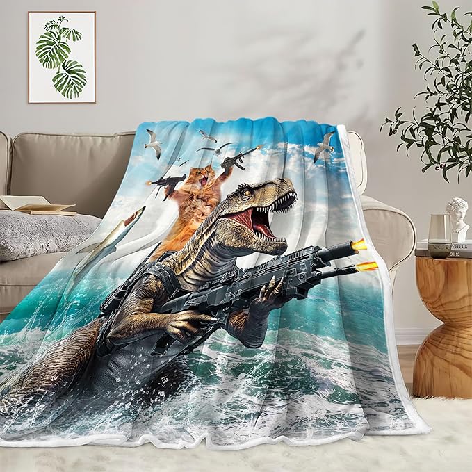 Funny Kids Fleece Throw Blanket for Couch, Sofa, Cool Cat Riding Cute Dinosaur Fighting on Ocean Hilarious Children Bed Travel Camping Blankets, Anime Throws Blankets for Cats Lovers