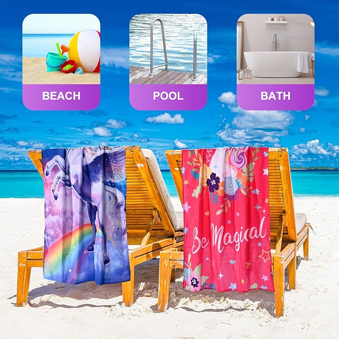LIVILAN Unicorn Beach Towel for Girls Kids, Oversized Rainbow Beach Towel Microfiber Quick Dry Sand Free Pool Yoga Bath Cute Thin Towel, Toddler Beach Towel Blanket Unicorn Gifts, 30”x60”