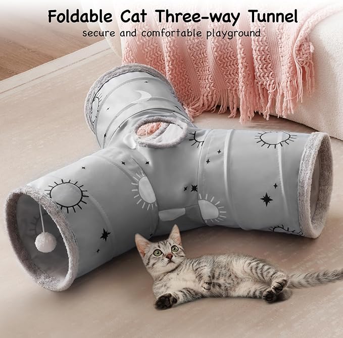 Tempcore Pet Cat Tunnel Tube Cat Toys 3 Way Collapsible, Cat Tunnels for Indoor Cats Fleece-Lined in for Warmth，Kitty Tunnel Bored Cat Pet Toys Peek Hole Toy Ball Cat, Puppy, Kitten, Rabbit Gray Sun