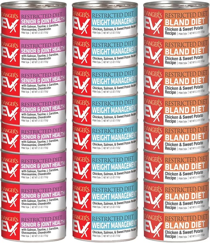 Evanger's EVX Restricted Diet Canned Cat Food, 8 Weight Management, 8 Senior & Joint Health, 8 Bland Diet Variety Pack