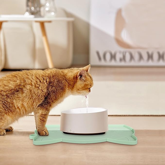 Coomazy Cat Water Fountain Mats for Floor, Waterproof Non-Slip Silicone Dog Food Mat with Raised Edge to Prevent Food Spills and Water Runoff (Cyan, Medium)