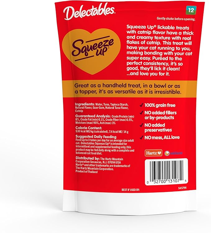 Hartz Delectables Squeeze Up Creamy Squeezable Puree, Lickable Wet Cat Treats, Grain Free, No Added Fillers, No by-Products, No Added Preservatives, 0.5 Ounces Tube Tuna with Catnip, 32 Tubes Total