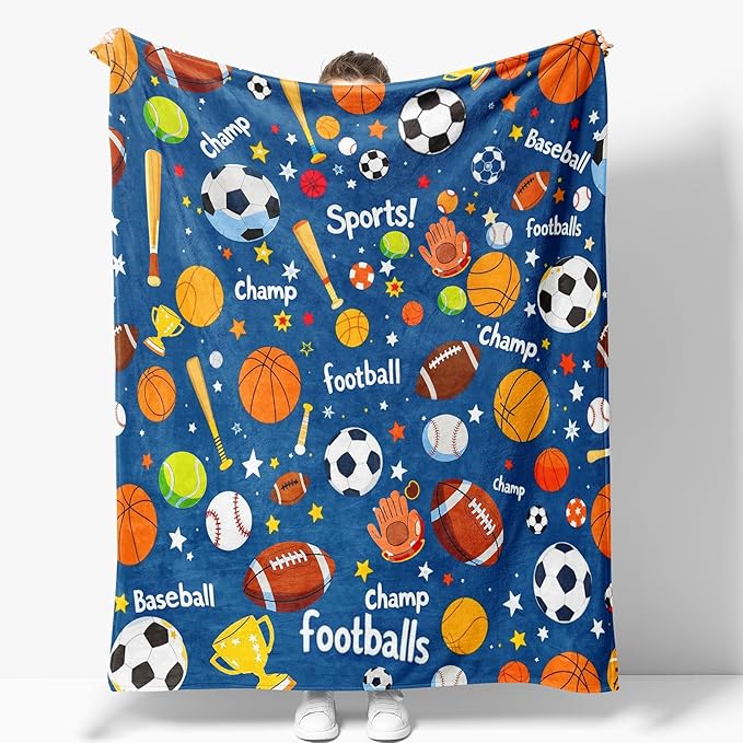 Sports Blanket Gifts for Boys Men Dad Husband Son Birthday Christmas Valentine Presents Football Soccer Baseball Basketball Theme Decor Kids Adults Teen Bedroom Couch Sofa Soft Flannel Throws 60"x50"