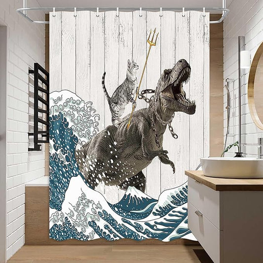 Boziqr Funny Cat Shower Stall Curtain, Cool Cat Dinosaur Japanese Ocean Wave Decor Fabric Bathroom Curtains, Kids Children Rustic Wooden Farmhouse Shower Curtain, 48 X 70 Inches