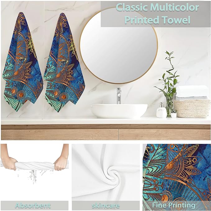 2 Pack Hand Towels for Bath,Golden Art Damask Floral Decorative Towels Highly Absorbent Soft Towels for Bathroom Beach Kitchen Spa Gym Face Towel 14x28 Inch