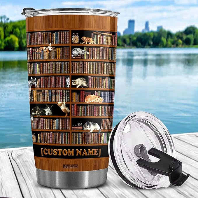 BECHUSKY Personalized Cat Library Bookshelf Tumbler Cat Bookshelf Tumbler Cat Book Lover Tumbler Librarian Reading Book Bookish Gift For Friends Readers Bookworm Book Lovers On Christmas Anniversary