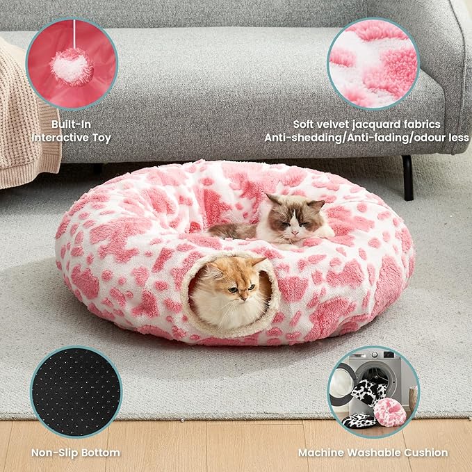 Cat Tunnel Bed for Indoor Cats - Cute Cat Donut Tunnel with Washable Circle Cushion, Round Pet Play Tunnel Toy for Kitten/Puppy/Rabbit,Pink&White