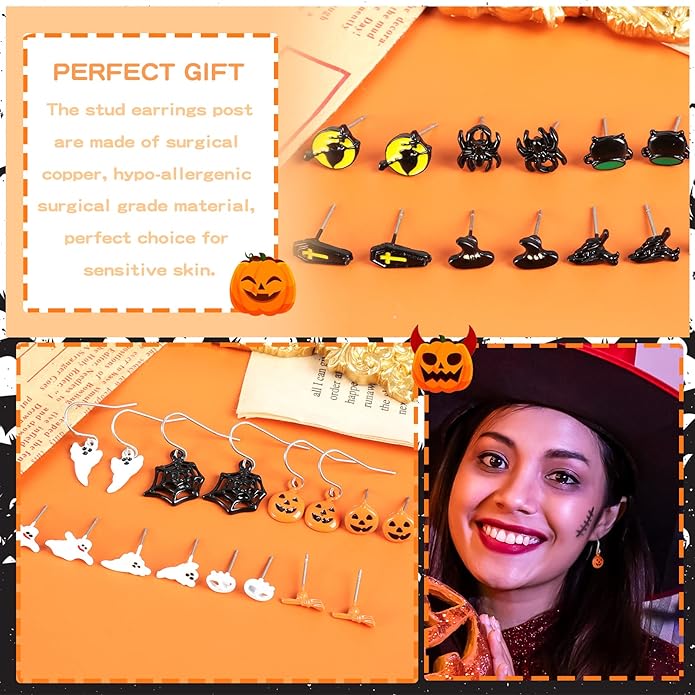 5-26Pairs Halloween Thanksgiving Fall Christmas Theme Earrings Set Holiday Earrings Halloween Stud Earrings Set Spider Pumpkin Ghost Bat Web Skull Drop Earring Holiday Jewelry Gifts
