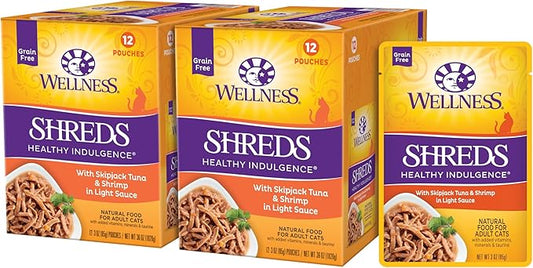 Wellness Healthy Indulgence Shreds Grain-Free Wet Cat Food, Made with Natural Ingredients and Quality Proteins, Complete and Balanced Meal, 3 oz Pouches (Tuna & Shrimp in Light Sauce, 24 Pack)