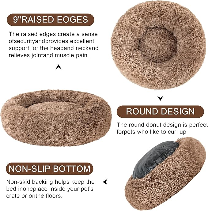 Dog Bed Calming Dog Beds for Small Medium Large Dogs - Round Donut Washable Puppy Dog Bed, Anti-Slip Faux Fur Fluffy Donut Cuddle Anxiety Cat Pet Bed(24 Khaki