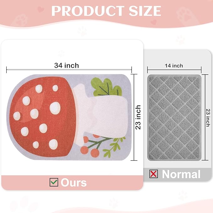 Bienbee Cat Litter Mat, 33.5 x22.5in Cat Litter Mat Litter Trapping Mat Easy to Clean, Litter Box Mat with Bottom, Unique Graphic Design Cat Mats for Litter, Mushroom L