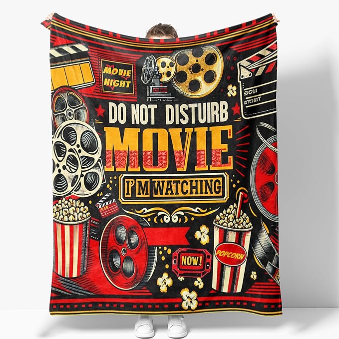 Movie Theme Blanket Gifts for Women Men Girls Boys Cinema Popcorn Film Reel Print Presents for Kids Adults Teen Birthday Christmas Decor Bedroom Living Room Couch Sofa Soft Cozy Flannel Throw 60"x50"