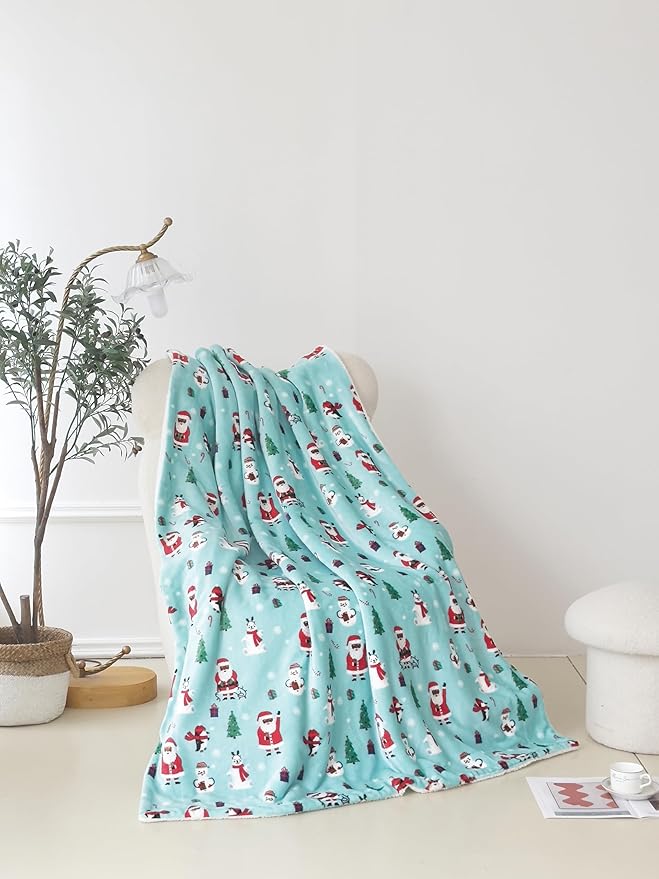 Elegant Comfort Reversible and Ultra-Plush Flannel Fleece-Winter Christmas Sherpa Throw- Lightweight Soft and Cozy-Holiday Decorative Throw, Perfect for Lounging, 50 x 60 inches, Penguin Santa