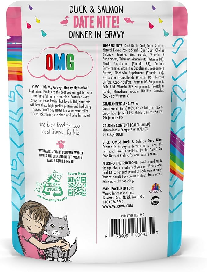 Weruva B.F.F. OMG - Best Feline Friend Oh My Gravy!, Date Nite! with Duck & Salmon in Gravy Cat Food, 2.8oz Pouch (Pack of 12)