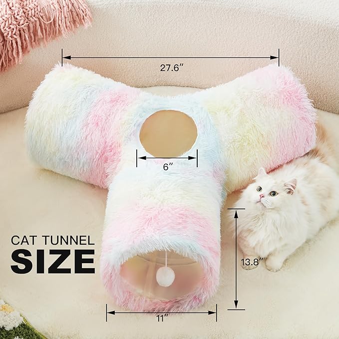 Tempcore Plush Pet Cat Tunnel Tube Cat Toys 3 Way Collapsible, Cat Tunnels for Indoor Cats，Kitty Tunnel Bored Cat Pet Toys Peek Hole Toy Ball Cat, Puppy, Kitty, Kitten, Rabbit Rainbow