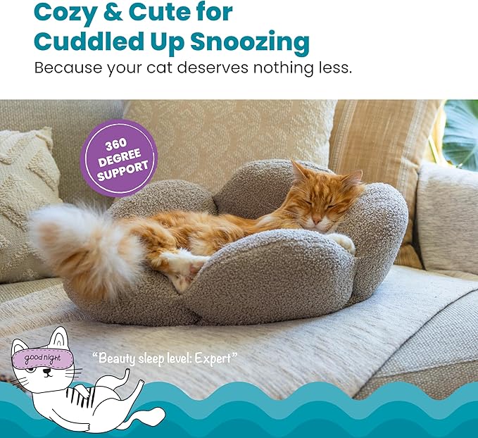 Catstages Purrfect Petals Washable Flower Shaped Round Cat Bed for Indoor Cats, Plush, Tan