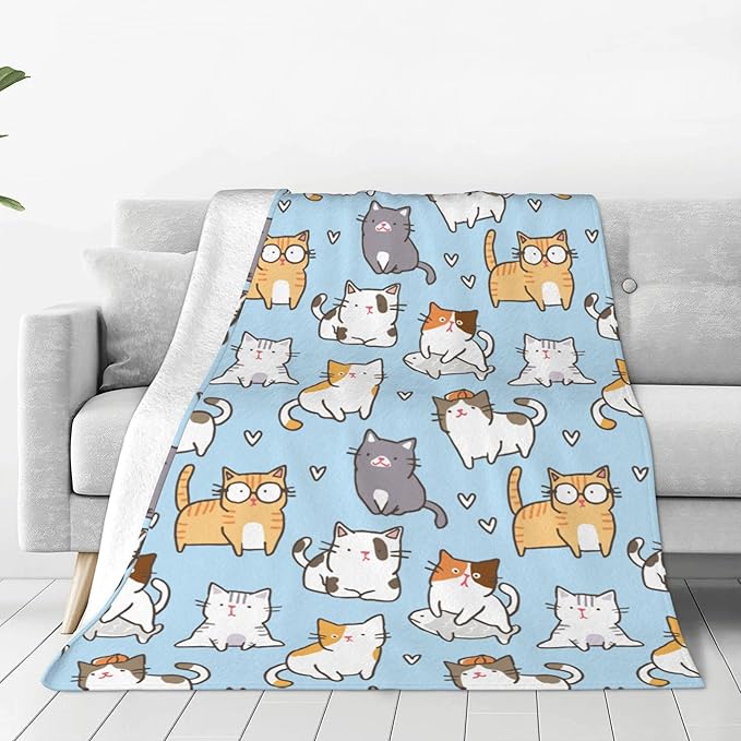 Cute Kids Cats Print Blanket Throw 50"x40", Plush Flannel Blankets with Cats on It, Gifts for Boys Girls Cat Lovers People