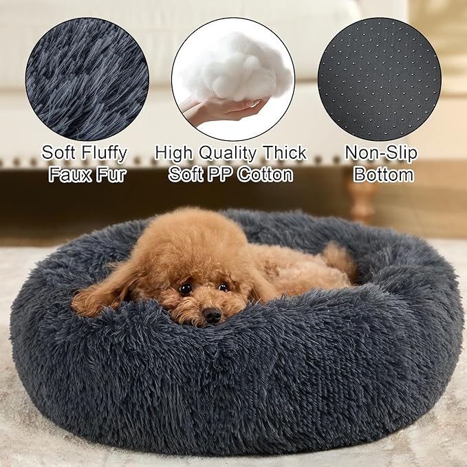 Dog Bed Calming Dog Beds for Small Medium Large Dogs - Round Donut Washable Puppy Dog Bed, Anti-Slip Faux Fur Fluffy Donut Cuddle Anxiety Cat Pet Bed(32" Dark Grey)