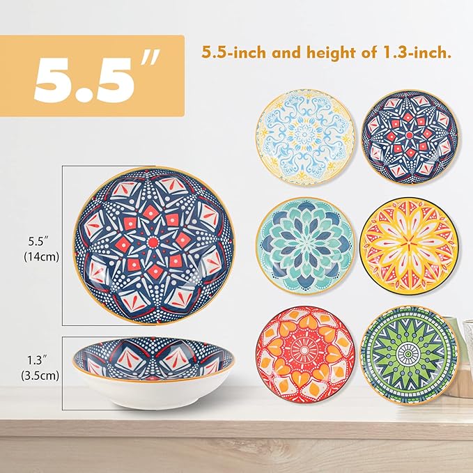 5.5 inch Wide Shallow Cat Food Bowl Set for Relief Whisker Fatigue -Ceramic - 6 Colorful Cute Small Flat Kitten Feeding Dish/ Dishes - Microwave and Dishwasher Safe - 8 oz