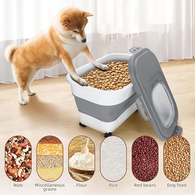 Dog Food Storage Container 17 lb, Airtight Pet Food Storage Containers with Wheels & Removable Sealed Lid, Collapsible Cat Food Containers Dry Food with Scoop and Measuring Cups