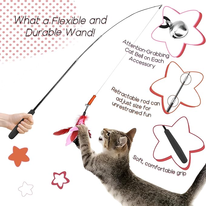 Zuni's Dare to Care Safe Interactive Cat Toy for Indoor Cats-Feather Toy Refills Attachment Fishing Rod Retractable Wand for Indoor Kittens cat Exercise Play Chase Boredom Buster Gift Toy