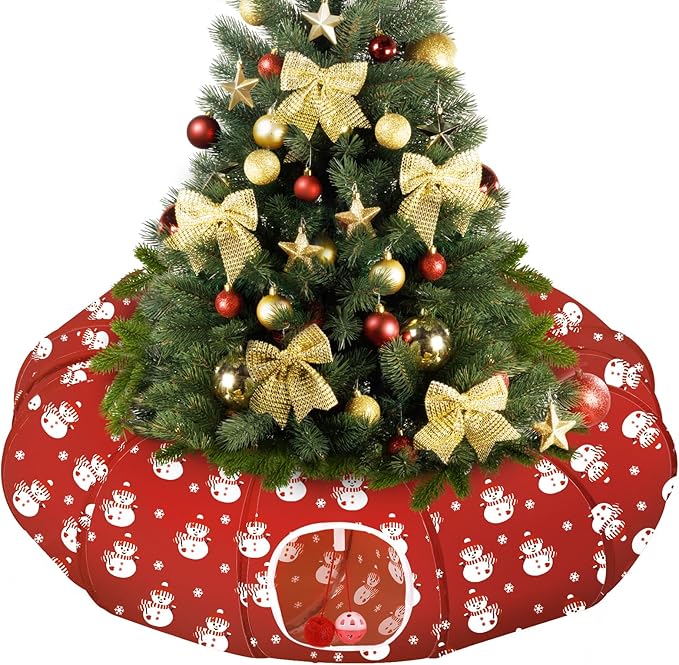 Pawaboo Cat Tunnel Bed Under Christmas Tree, 35.4'' Christmas Cat Toy Circle Tunnel with Toy Ball, Decorative Christmas Festive Foldable Kitty Tube Tunnel for Cat Small Animal (Red Snowman)