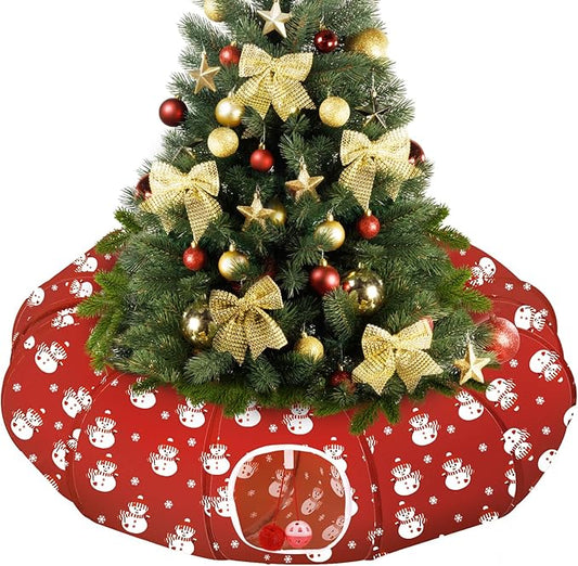 Pawaboo Cat Tunnel Bed Under Christmas Tree, 35.4'' Christmas Cat Toy Circle Tunnel with Toy Ball, Decorative Christmas Festive Foldable Kitty Tube Tunnel for Cat Small Animal (Red Snowman)