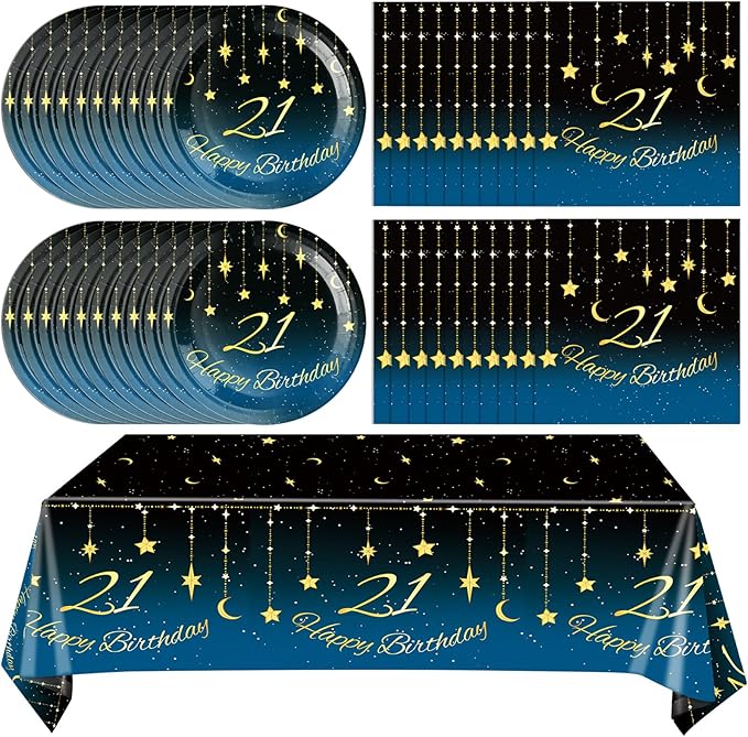 21th Birthday Party Decorations, 41Pcs Starry Sky Party Tableware Set Includes 20 Plate 20 Napkins and 1 Tablecloth, 21 Years Old Birthday Theme Party Supplies for Boys Girls Birthday Party Favors