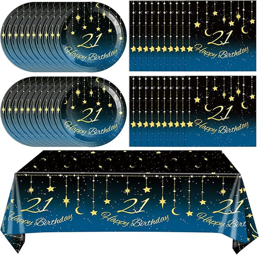 21th Birthday Party Decorations, 41Pcs Starry Sky Party Tableware Set Includes 20 Plate 20 Napkins and 1 Tablecloth, 21 Years Old Birthday Theme Party Supplies for Boys Girls Birthday Party Favors