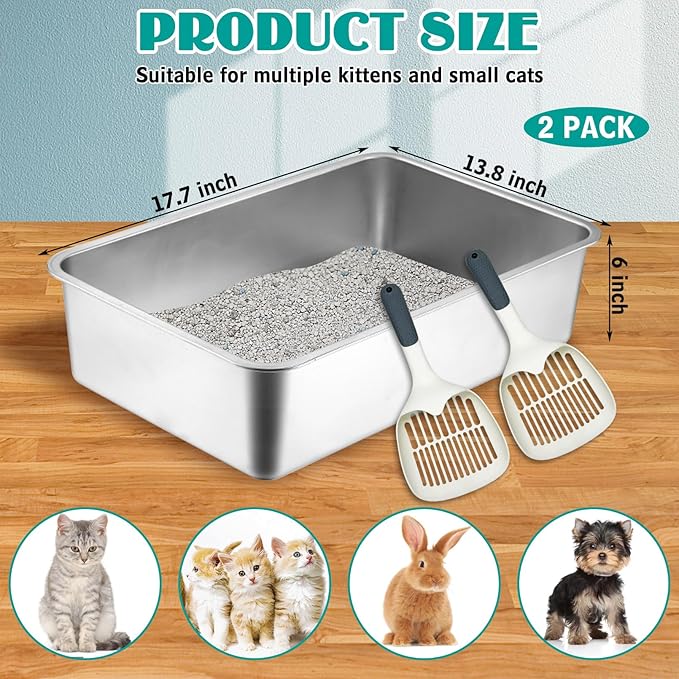 BNOSDM Stainless Steel Litter Box 2 Pack Medium Metal Cat Litter Boxes Odor Control Non Stick Pet Toilet Pan with Non-Slip Feet Mats and Litter Scoop for Cats Kittens Rabbits (17.7x13.8x6 Inches)