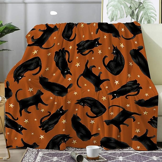 Cute Black Cats Blanket Gifts for Cat Lovers Girls, Halloween Throw Stars Plush Moon Blankets for Women Lightweight Flannel Fleece Christmas Bedding for Bed Couch Chair Gift for Baby 40x30In Pet