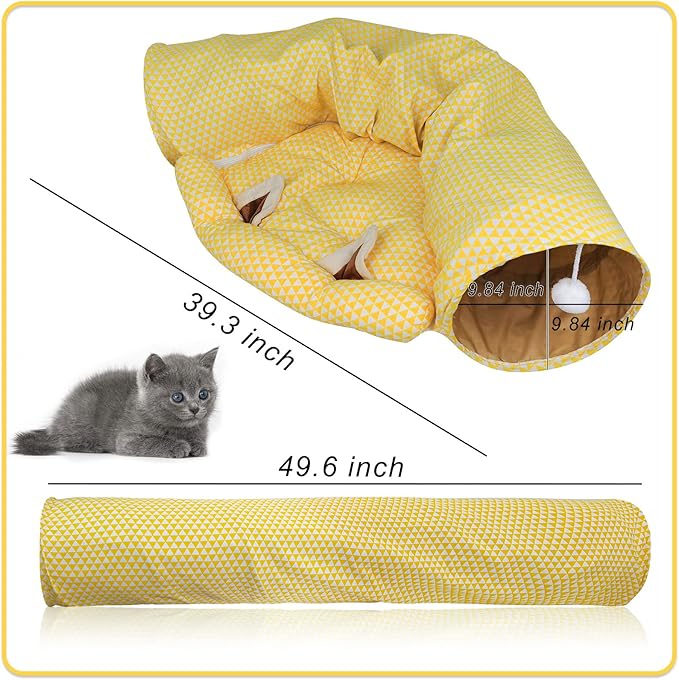 Andiker Cat Tunnels for Indoor Cats with Mat, 2 in 1 Collapsible&Zipper Detachable Soft Cat Bed with A Plush Ball Hideout Cat Interactive Toy Easy to Wash and Clean for All Seasons (Yellow, Moon)