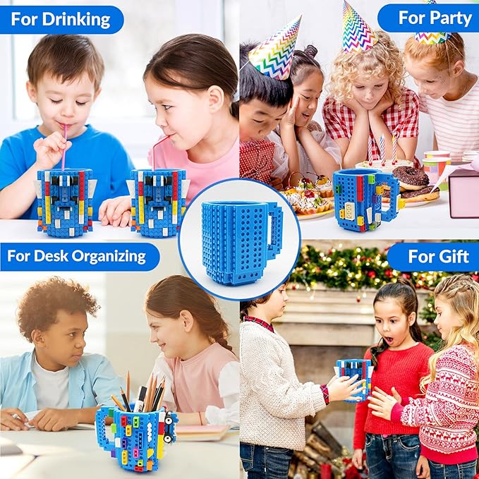 Build-on Brick Coffee Mug, Funny DIY Novelty Cup with Building Blocks Creative for Kids Men Women Xmas Birthday (Blue)