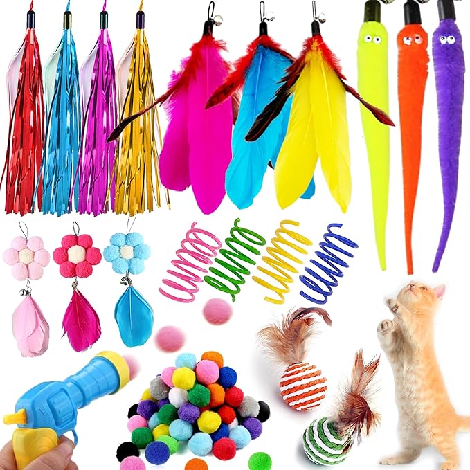 MOMOONNON Cat Toys Interactive Cats Pom Pom Balls Launcher Feather Toy Replacement Teaser Toys for Indoor Cat Kitten Toys Supplies (Style 01)