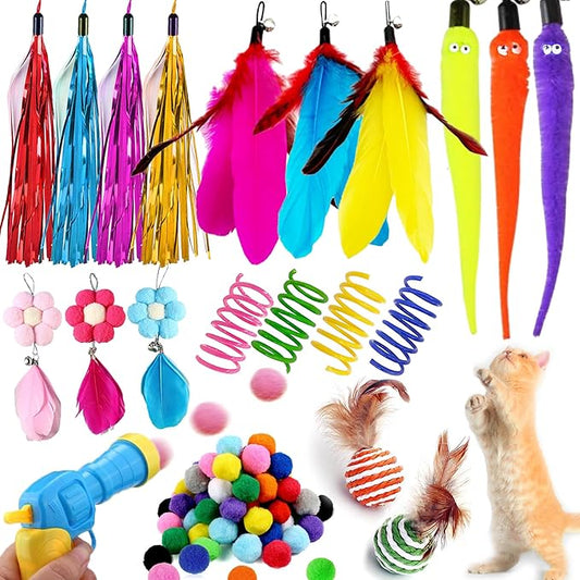 MOMOONNON Cat Toys Interactive Cats Pom Pom Balls Launcher Feather Toy Replacement Teaser Toys for Indoor Cat Kitten Toys Supplies (Style 01)