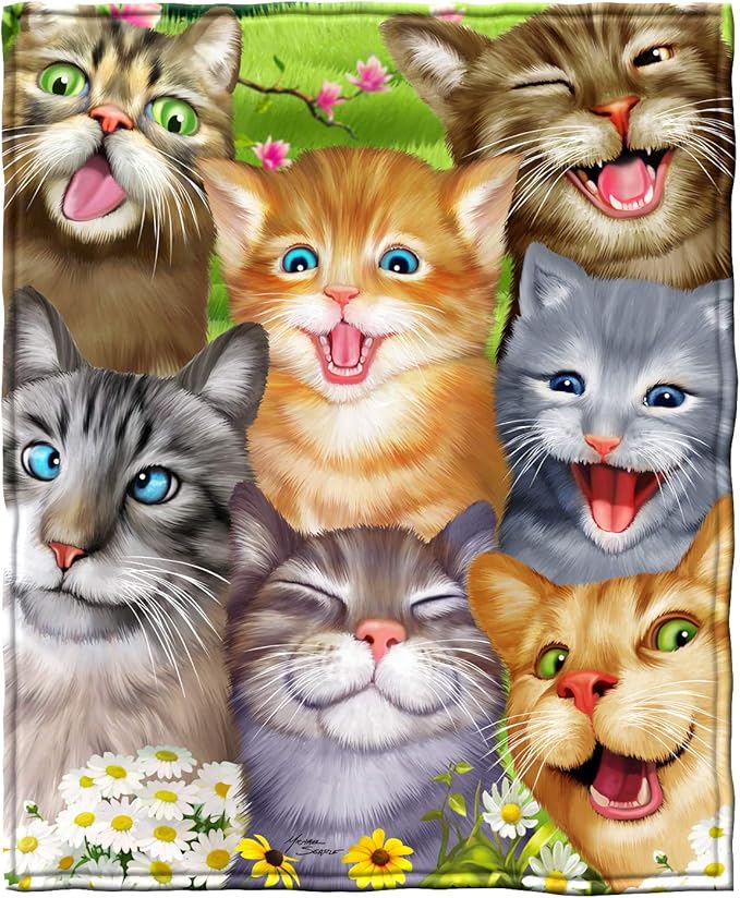 Dawhud Direct Cartoon Selfie Cat Fleece Blanket for Bed, 75" x 90" Queen Size Kitten Fleece Throw Blanket for Women, Men and Kids - Super Soft Plush Cat Blanket Throw
