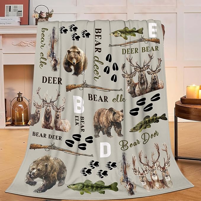 Hunting Deer Throw Blanket Bear Elk Blanket Gifts for Kids Girls Boys Adults Women Men Soft Cozy Warm Plush Fluffy Fuzzy Fleece Blanket Home Decor 40''X50''