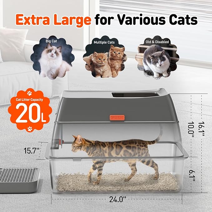 3 in 1 Premium Stainless Steel Cat Litter Box with Removable Lid, Enclosed XL Extra Large High-Sided Metal Box for Big Kitty with Scoop, Top Entry, Odor Control, Anti-Leakage, Non-Sticky & Easy Clean