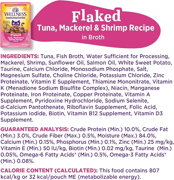 Wellness® Appetizing Entrées™ Flaked Tuna, Mackerel, Shrimp Recipe in Broth Natural Wet Cat Food, 1.4 oz Pouch (Pack of 8)